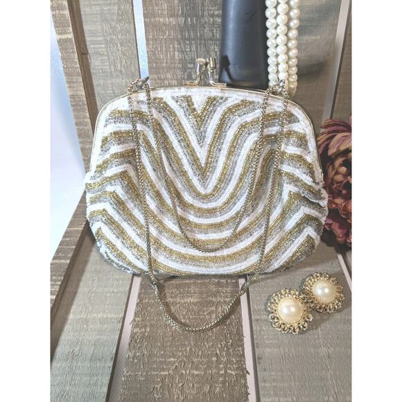 Beaded Bridal Clutch Silver and Gold Handbag LOT of Wedding Accessories - Picture 1 of 11